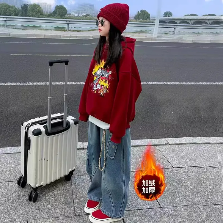 女大童加绒卫衣连帽卡通印花红色加厚洋气时髦连帽慵懒风加厚上衣