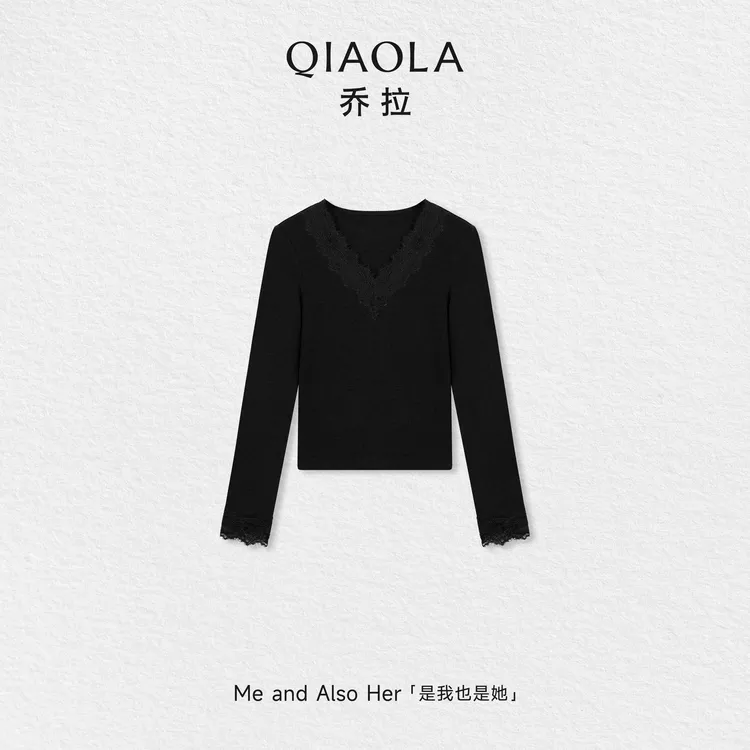 QIAOLA/乔拉【维纳恋曲】秋冬天丝v领蕾丝花边磨毛显瘦修身打底上衣