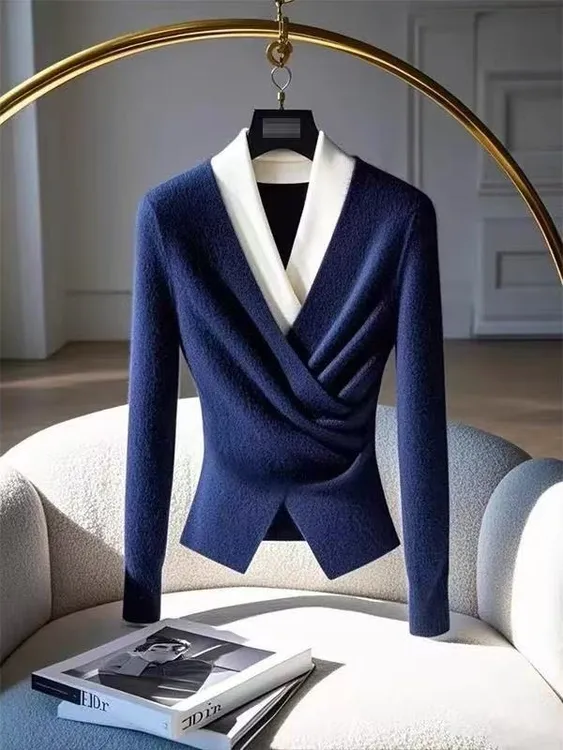 SS759冬洋气独特别致打底上衣假两件针织衫高级感超好看毛衣