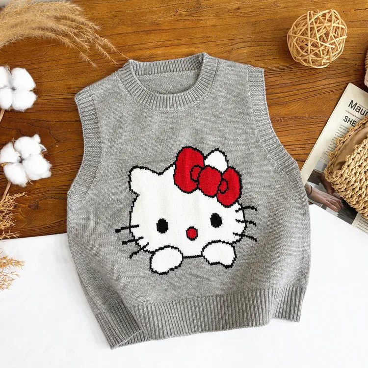 儿童卡通针织马甲2025秋冬新款外穿无袖时尚可爱女童kitty猫坎肩