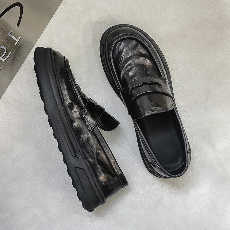 潮牌男鞋春秋2025新款休闲皮鞋黑色潮鞋厚底百搭一脚蹬乐福鞋