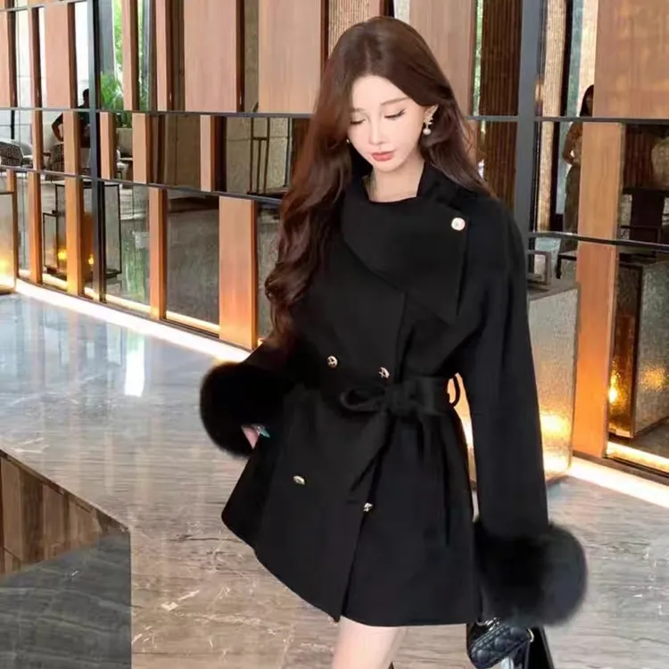 2025秋冬新款韩版中长款围脖领系带毛呢外套