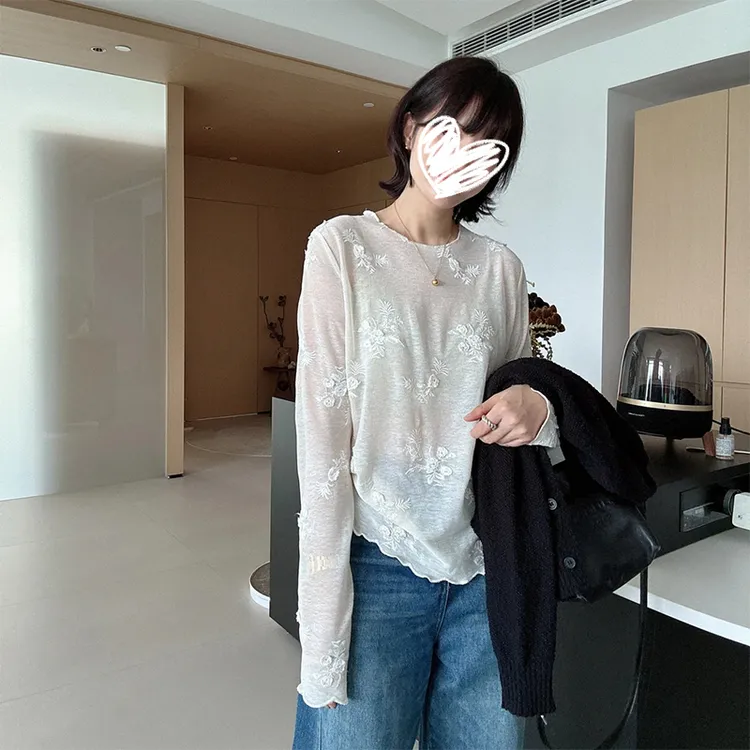 秋季韩系重工手工蕾丝刺绣内搭外穿设计感打底长袖T恤小众百搭ins