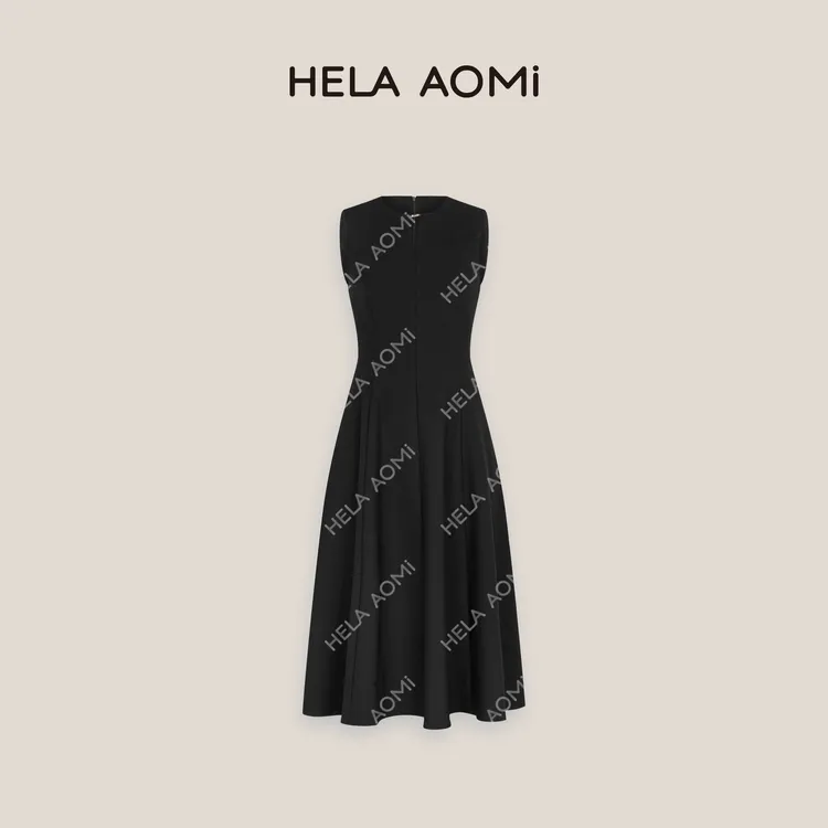 HELAAOMI “华尔兹”赫本风无袖V领法式小黑裙气质无袖背心长裙