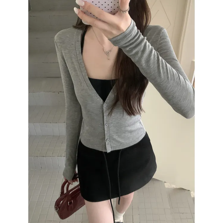 早秋韩版气质v领修身莱赛尔单排扣百搭活力弹力长袖T恤上衣外套女