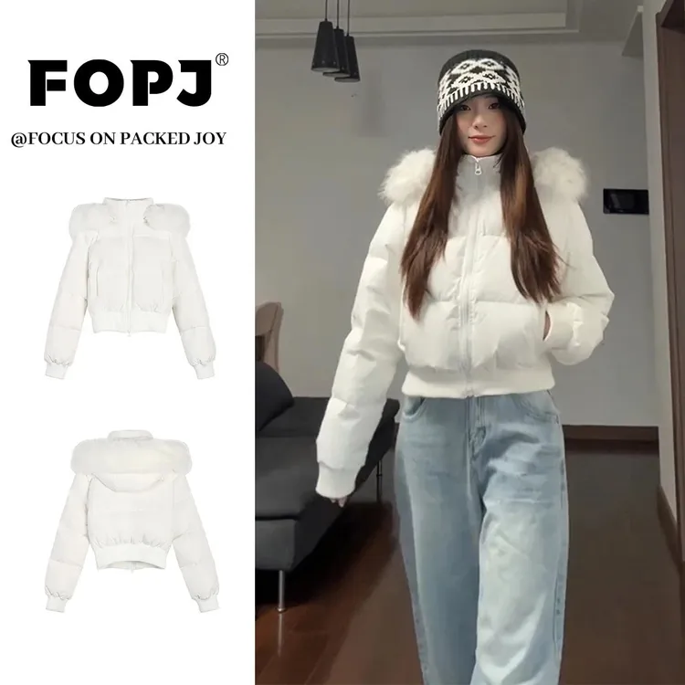 FOPJ秋冬新款毛领连帽外套女时尚潮流休闲服短款小个子面包服棉衣