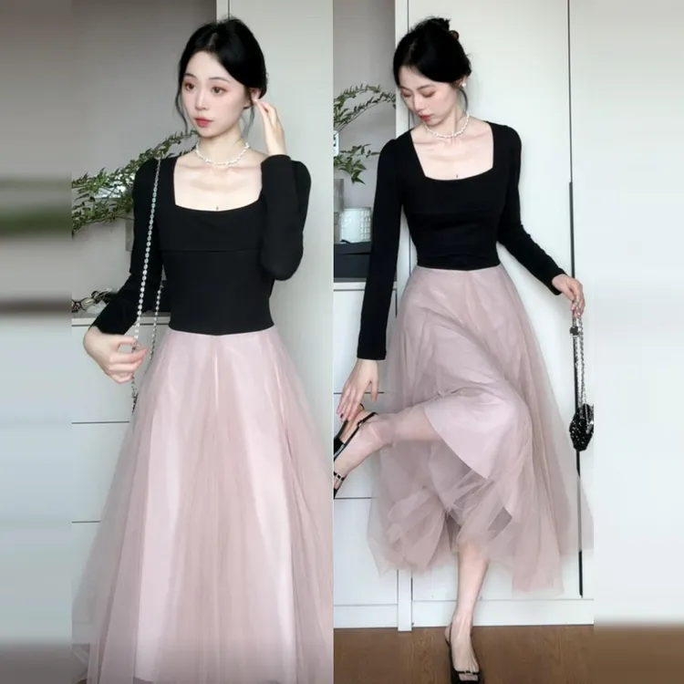 芭蕾风撞色拼接长袖连衣裙子女早秋季2025富家千金风收腰长裙7522