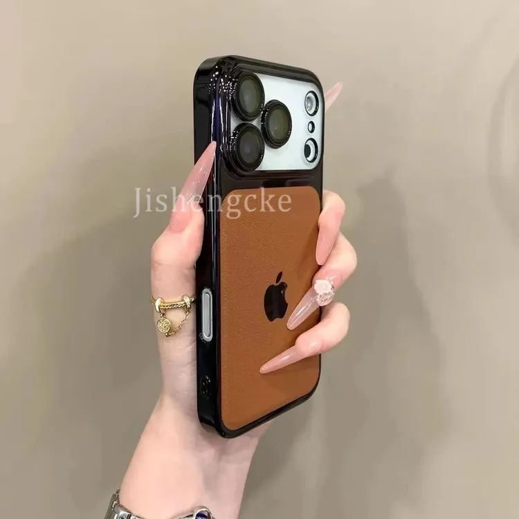 新款拼接皮纹带镜头膜适用苹果17promax手机壳简约防摔16promax硬