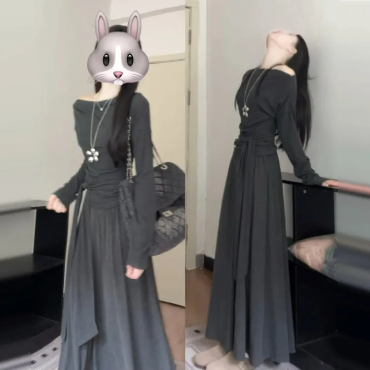 法式高级感灰色长袖连衣裙子女秋冬2025新款韩系穿搭一整套装长裙