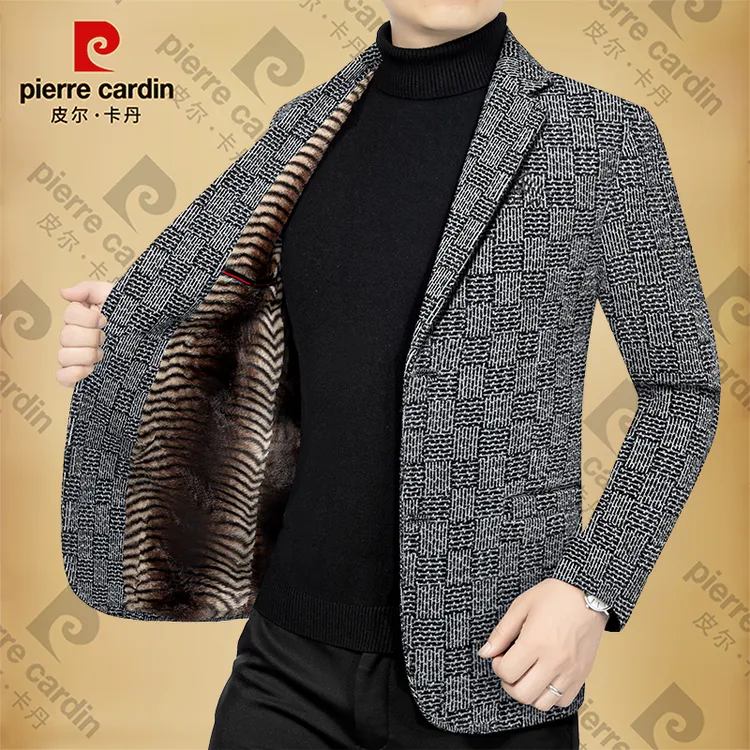 皮尔卡丹男士新款高档商务休闲加绒加厚西装领外套上衣西服潮高档