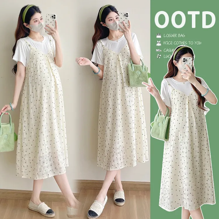 2025夏季新款孕妇装韩版棉T恤拼接雪纺刺绣假两件连衣裙大码时尚