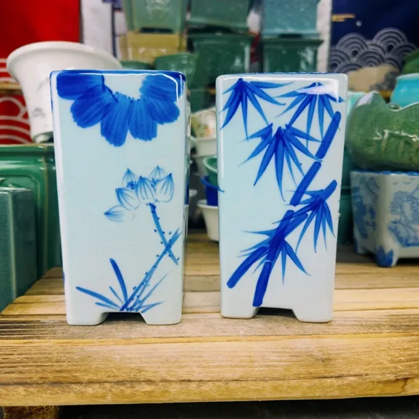 7.5×14cm陶瓷釉下青花手绘四方创意中式绿植花盆