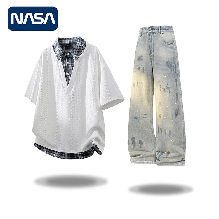 NASA短袖POLO衫套装男夏季假两件宽松衣服休闲时尚两件套男装男生