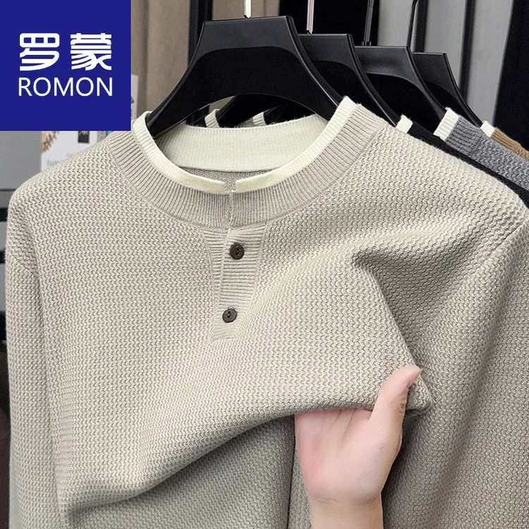 罗蒙春秋季男士长袖针织衫假两件圆领休闲纯色时尚舒适百搭毛衣