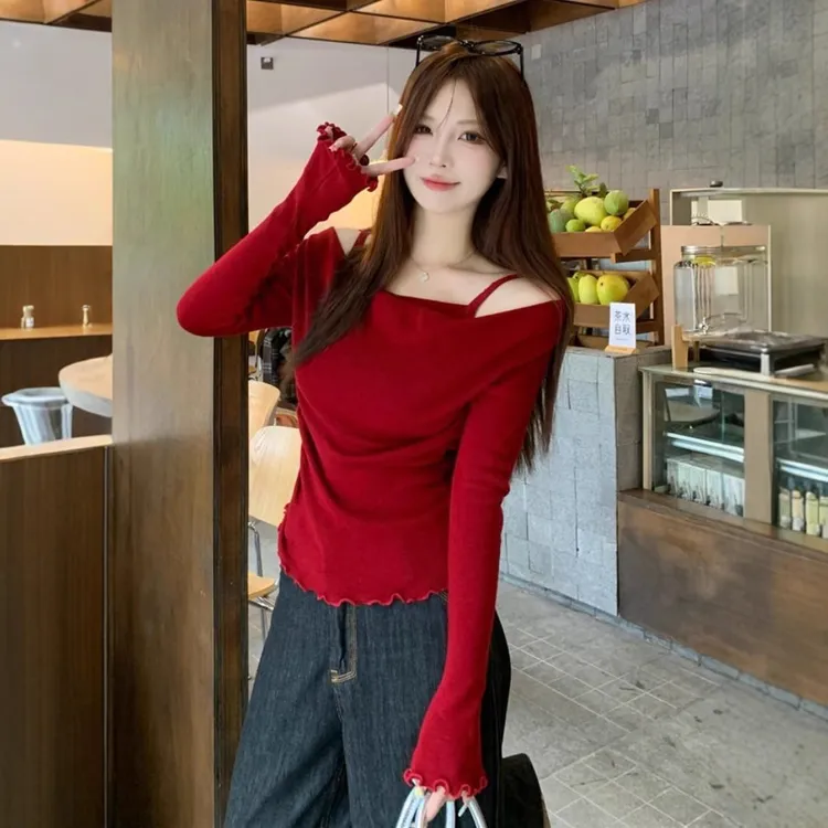 2025年显瘦性感时尚潮流荡领假两件长袖针织衫秋季辣妹上衣小众