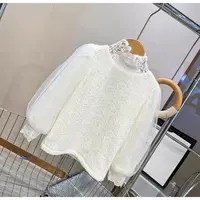 628儿童白色高级感蕾丝拼接泡泡袖打底衫