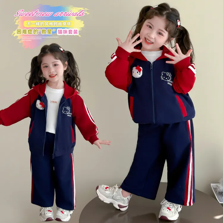 韩版春秋女童套装2025新款洋气小女孩外套运动织带猫咪两件套潮服
