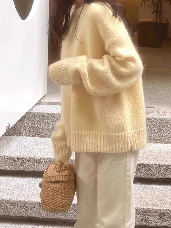 毛衣毛针织衫宽松常规百搭套头宽松型圆领冬季加厚粗针纯羊毛衫女