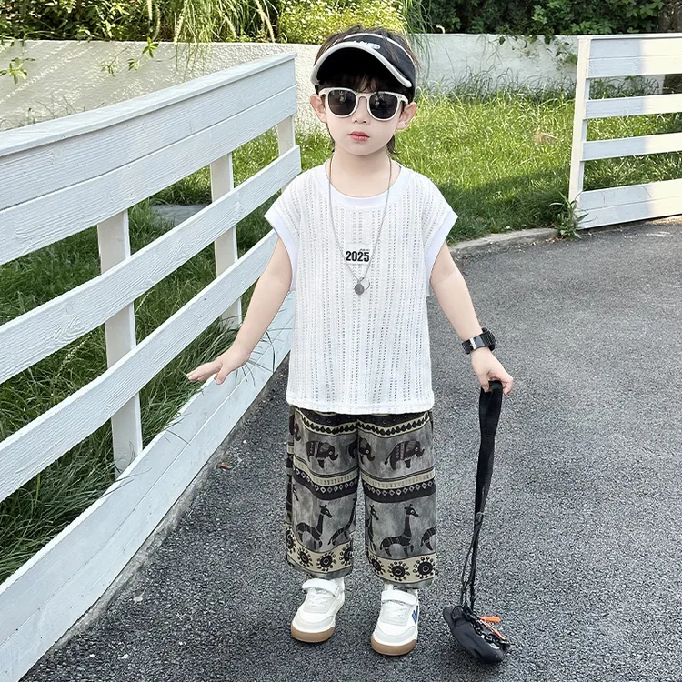 男童套装夏薄款2025新款帅气时髦男宝宝无袖背心防蚊裤小男孩衣服