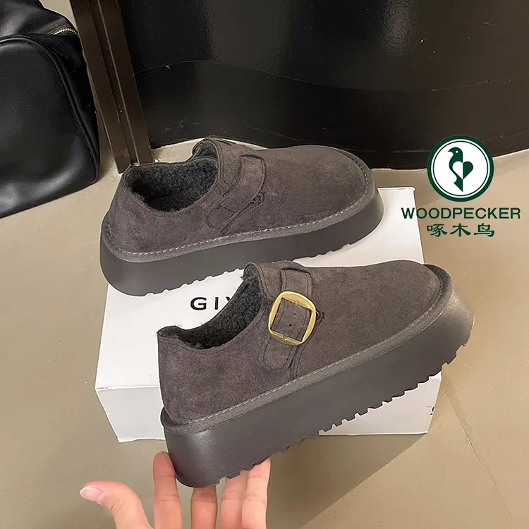 啄木鸟勃肯鞋女加绒厚底保暖雪地靴2025新款冬季一脚蹬棉鞋面包鞋