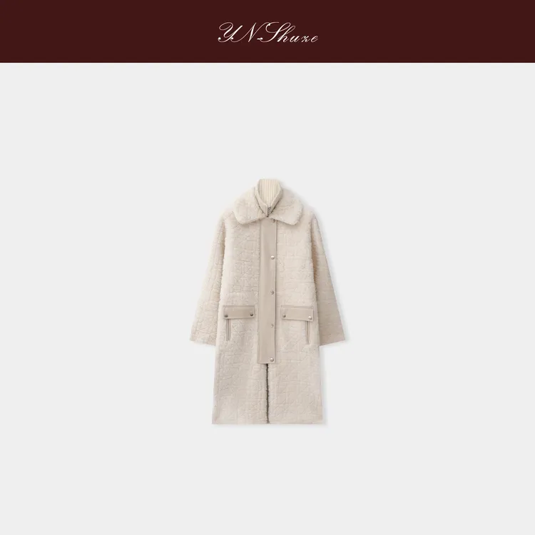 YN-SHUZE设计师羊绒格纹羊皮毛一体大衣外套SZ-YNB-25061