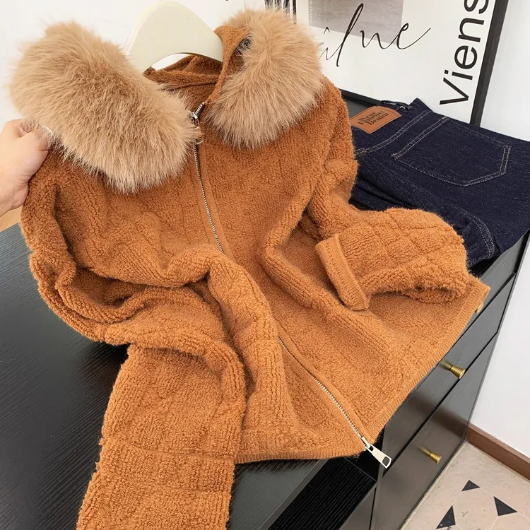 韩系软糯毛茸茸毛领连帽菱格毛衣外套女秋冬宽松慵懒针织衫上衣