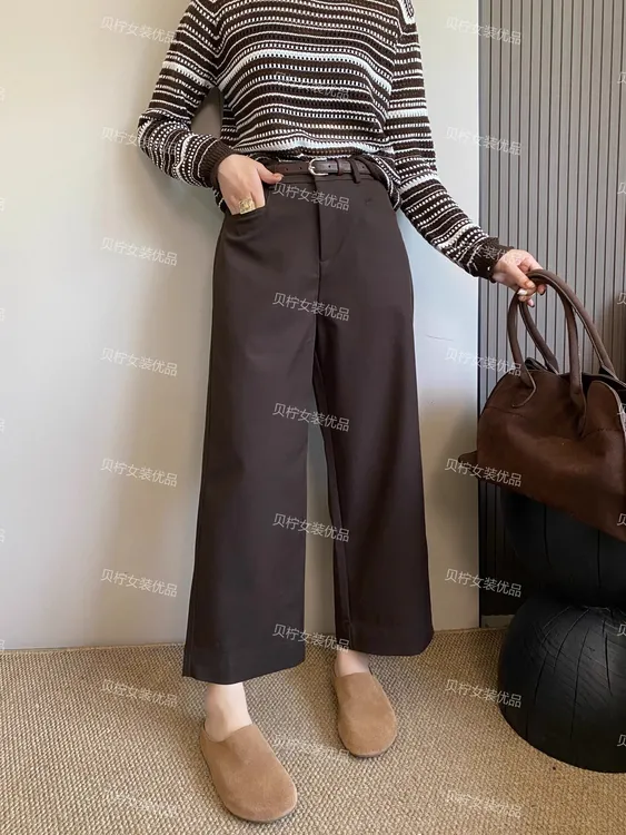 咖色休闲裤女2025秋季新款高腰显瘦宽松直筒抗皱小个子九分阔腿裤