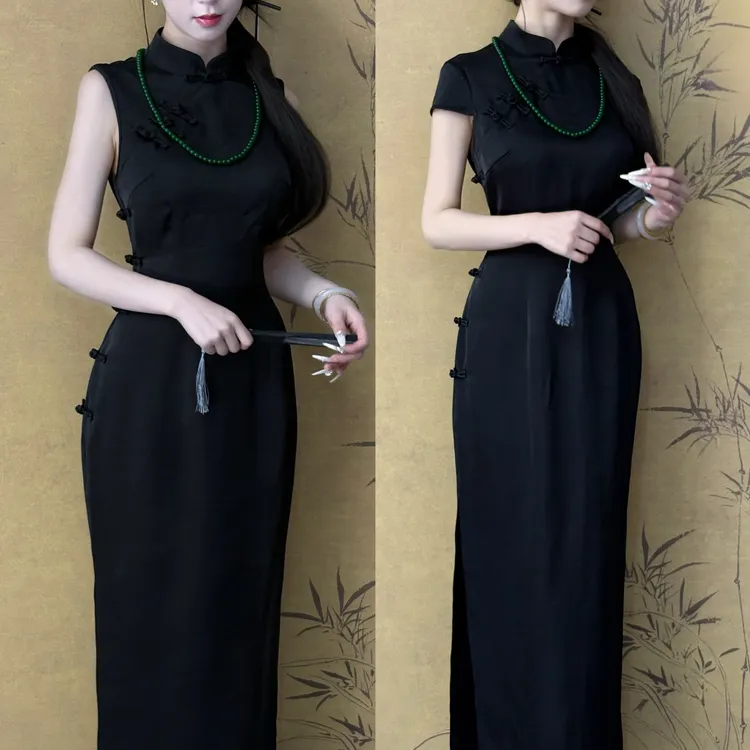 LHMknk1画报夫人原创自制改良夏季中式中国风黑色旗袍 景甜玄黑