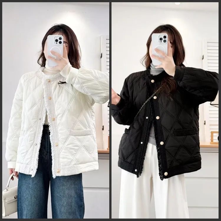 110-200斤大码女装胖mm冬装淑女别致菱格圆领小香风棉衣棉服外套