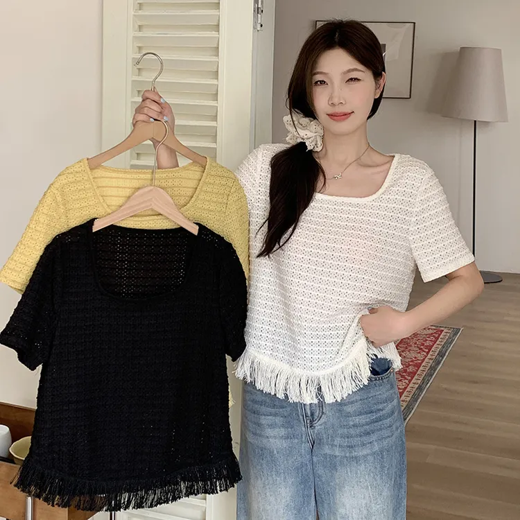 25夏装新款胖mm大码时尚百搭气质温柔风设计感留苏短袖上衣19134