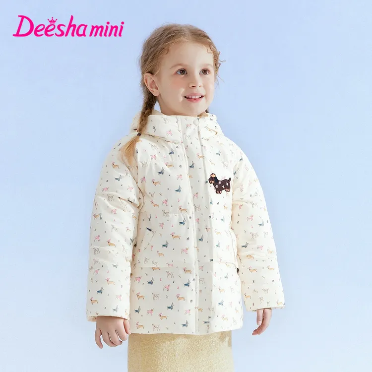 笛莎婴幼女童羽绒服秋冬小童卡通印花甜美保暖连帽外套-3M2556401