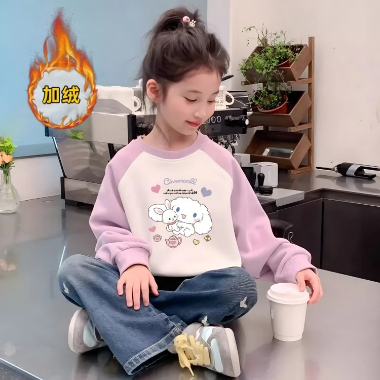 女童插肩圆领卫衣2025秋冬季卡通玉桂狗印花百搭中大童加绒上衣服