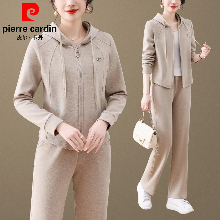 皮尔卡丹春秋季新款外穿舒适连帽套装女士中年妈妈运动百搭两件套