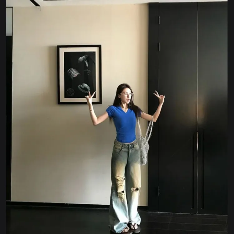曼曼【西沙海岸】脏脏裤  美式复古重工水洗破洞直筒阔腿牛仔裤女