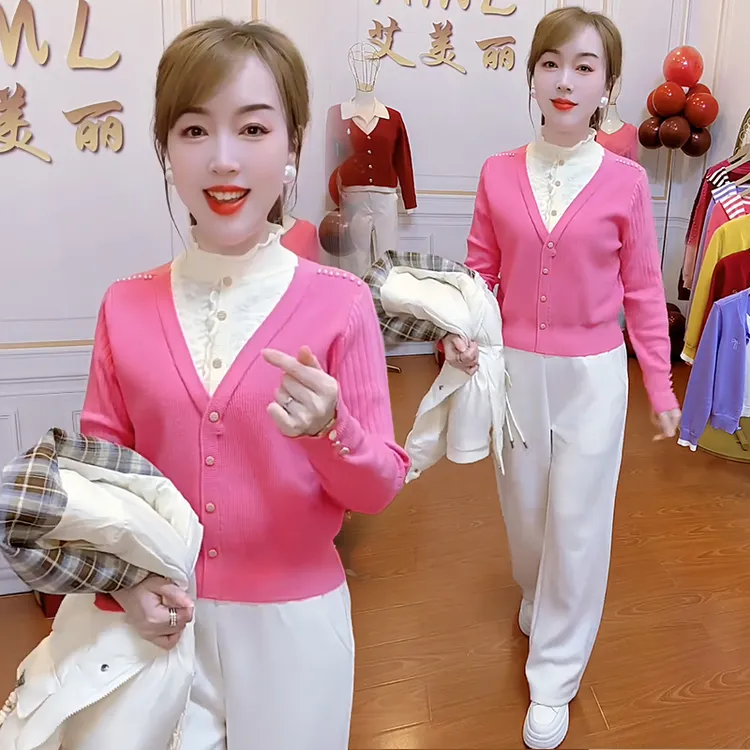 假两件蕾丝套头毛衣针织衫女2025年秋冬新款小个子内搭打底小衫女