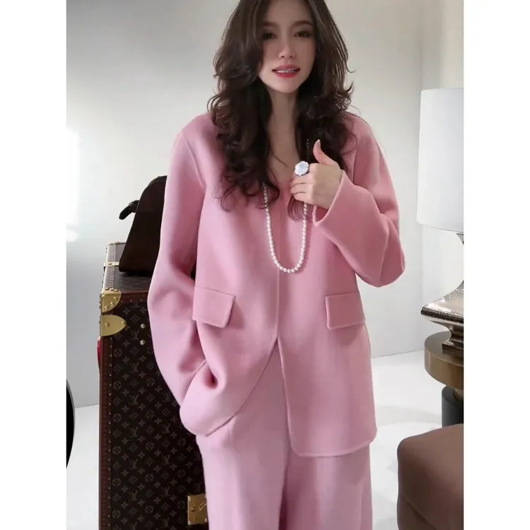 财阀千金风小众洋气减龄休闲时尚套装女粉色宽松上衣阔腿裤两件套