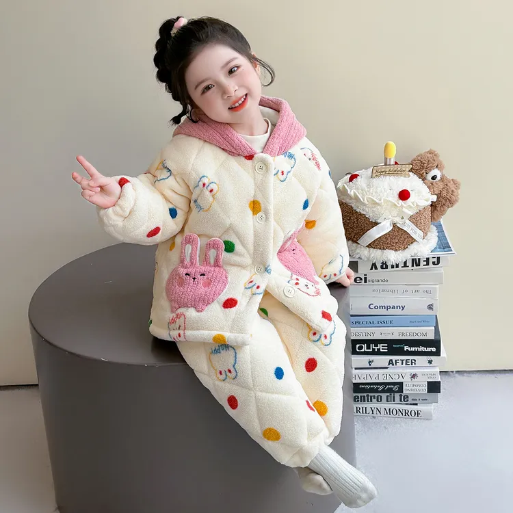 儿童睡衣珊瑚绒冬季三层夹棉加厚女孩可外穿棉衣服套装女童家居服