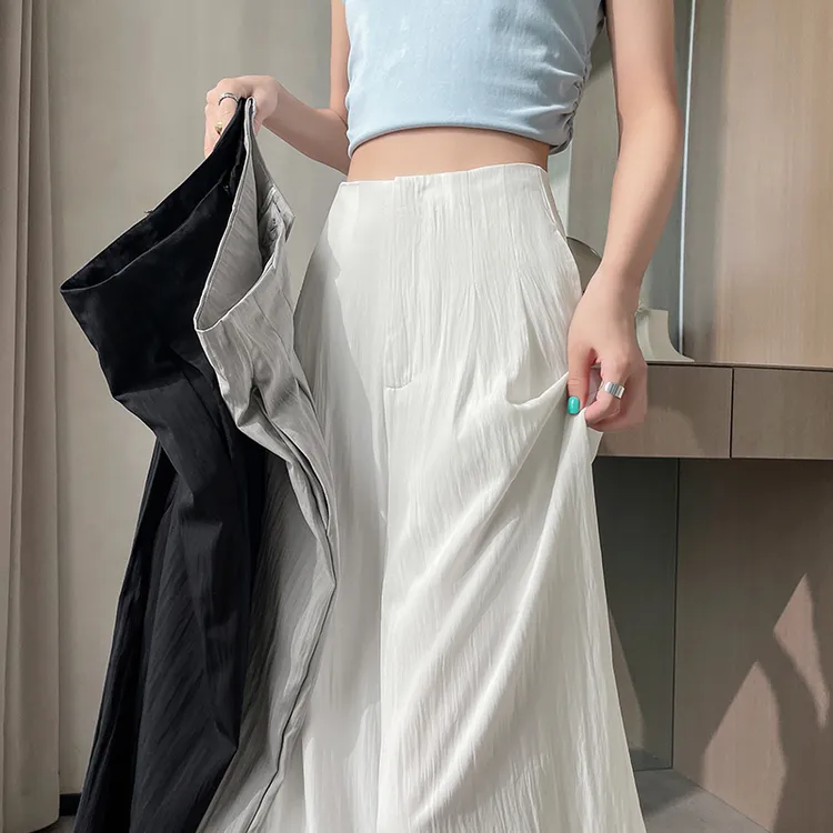 白色冰丝亚麻裤子阔腿裤女夏季新款高腰凉凉薄款白色垂感裤子
