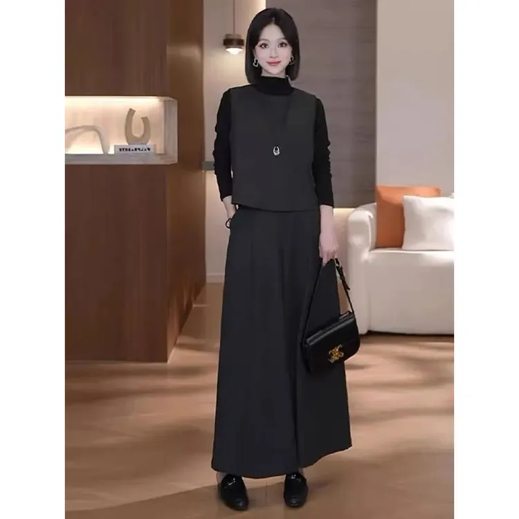 复古文艺气质套装2025秋冬新款打底衫马甲阔腿减龄三件套