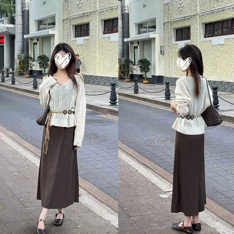 【里昂度假日】“配腰带”套头镂空长袖毛衣无袖长款连衣裙两件套