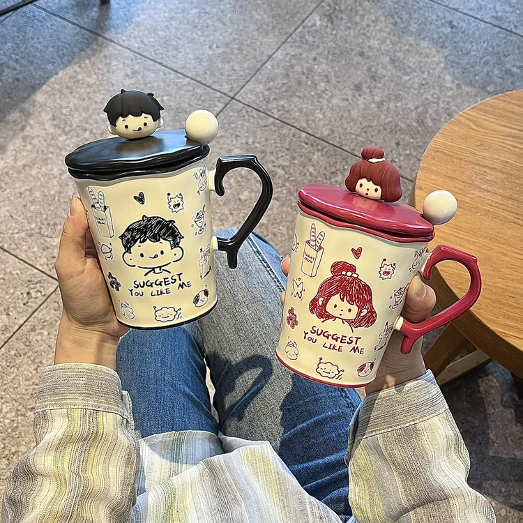 可爱涂鸦陶瓷杯子情侣款马克杯带盖勺家用喝水杯小众设计感早餐杯