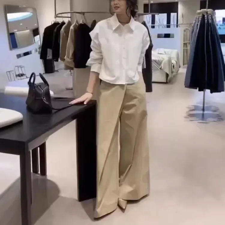 早秋新款韩版翻领长袖衬衫时髦阔腿裤洋气女