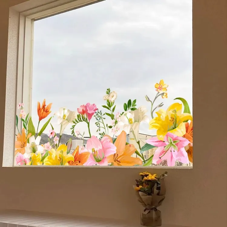  ins风春季百合花卉贴纸服装奶茶蛋糕店铺玻璃橱窗阳台装饰静电贴