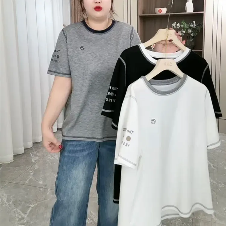 0366//大码圆领明线刺绣笑脸短袖T恤