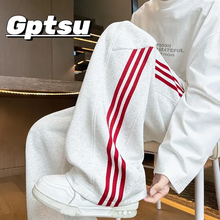 GPTSu重磅三条杠运动厚棉裤男款秋季拖地阔腿裤子宽松直筒休闲裤