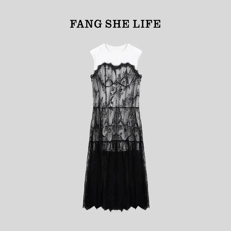 FS LIFE【一眼万年】重工蕾丝拼接显瘦性感长款腰带连衣裙A3093JJ