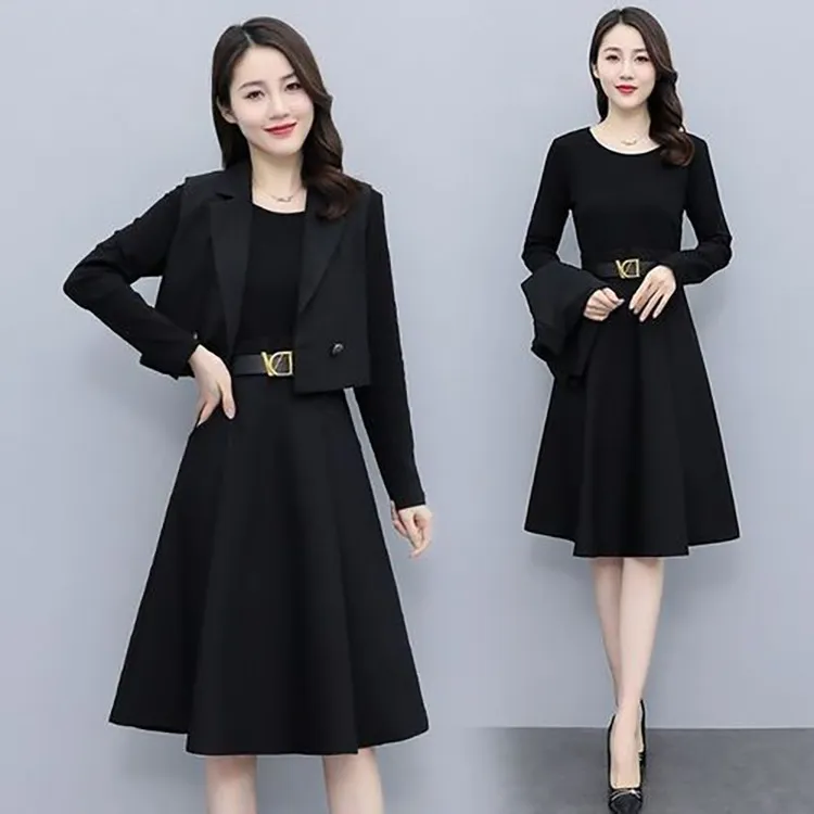 黑色气质秋装时尚裙子中长款套装职业女裙套装秋季洋气