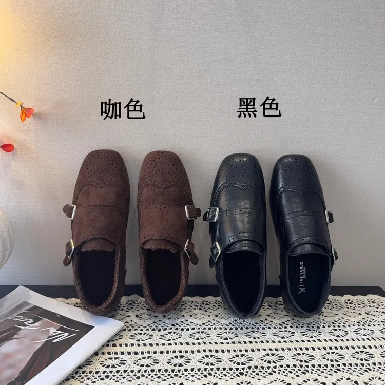布洛克小皮鞋雕花乐福鞋女2025秋冬新款英伦风平底小皮鞋加绒单鞋