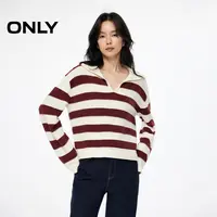 ONLY2025秋季新款V字翻领落肩撞色条纹长袖针织衫女|125313007