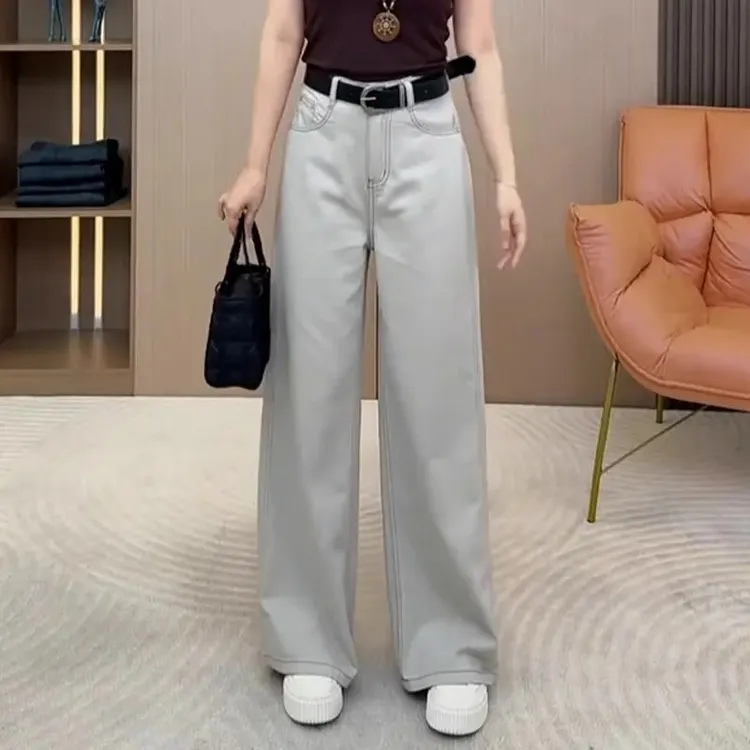 拉夏贝尔莫兰迪灰阔腿牛仔裤女2025秋冬高腰显瘦休闲老钱风直筒裤